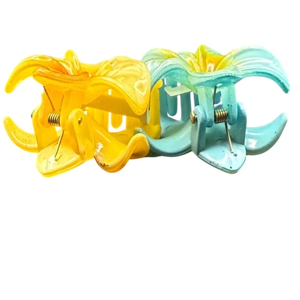 2pc Hibiscus Flower Hair Claw Clips Blue Yellow Tropical Floral Summer Accessory